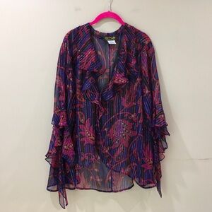 Bob Mackie Women L Cardigan Sheer Silk Ruffle Paisley Multicolor Metallic Vtg